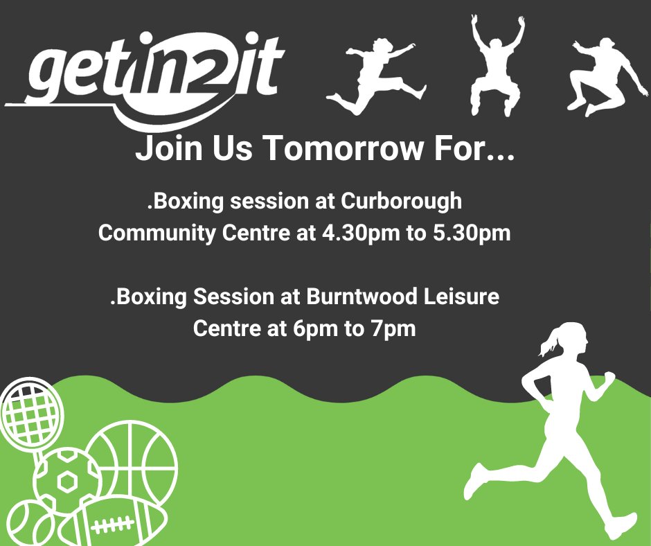 Getin2itLDC's tweet image. Join us tomorrow for...

... Boxing Sessions at  4:30-5:30pm at Curborough Community Centre or at Burntwood Leisure Centre 6-7pm

For more information please visit: activelichfield.co.uk/getin2ithomepa…
