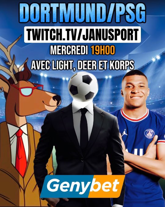 Rendez-vous à 19h sur Twitch.tv/Janusport pour les pronos LDC ! ⚽️ @LightPronos, @DeerProno et @KorpsPronoss débriefent 🇩🇪 Bayern / Real 🇪🇸 et analysent 🇩🇪 Dortmund / PSG 🇫🇷 Des freebets à gagner sur @Genybet_Sport 🎁