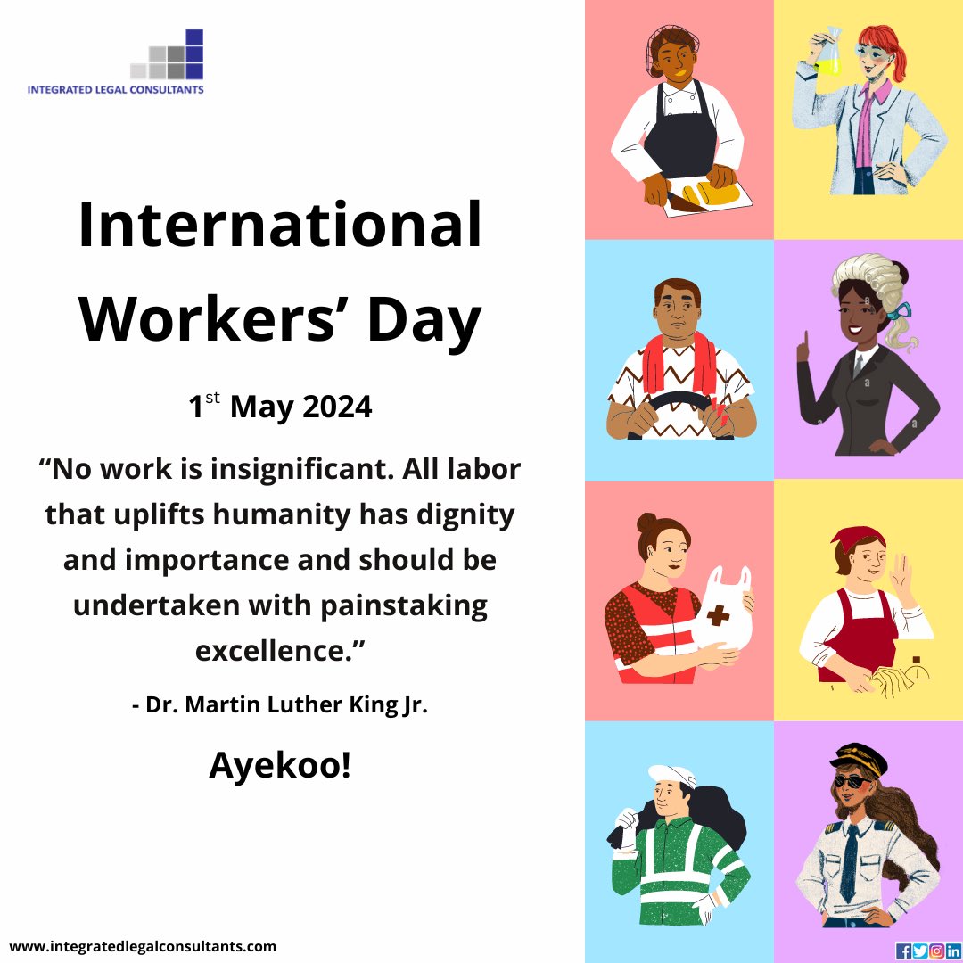 Happy Workers' Day! 

Celebrating all workers for their contribution to the development of Ghana. 

Ayekoo to all our workers.

#Ilcghana #laborday #workersday #legalprofession #ghana #ilc  #lawyers #consultants #administrators #intellectualproperty #intellectualpropertyrights