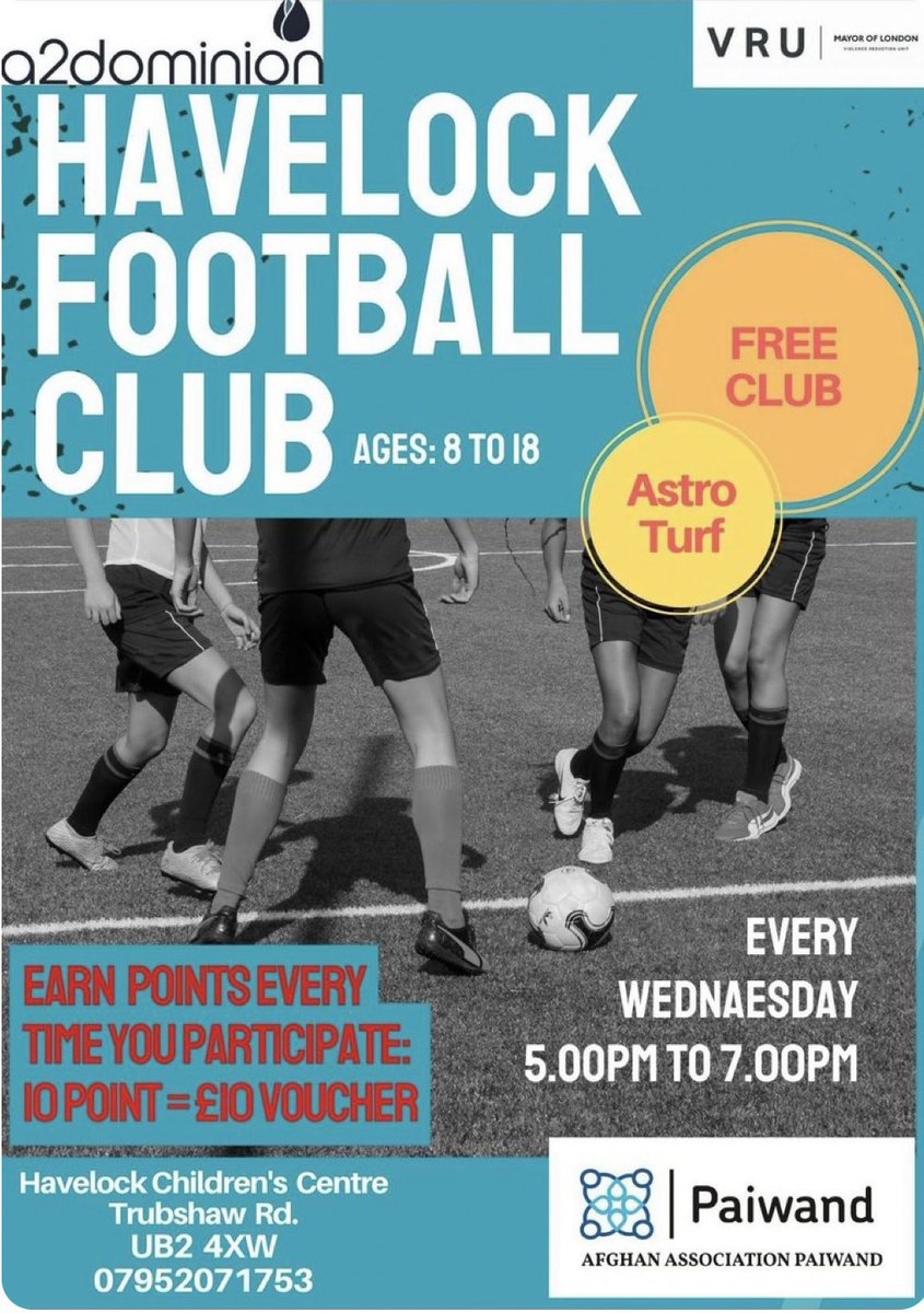 #NorwoodGreen & #Southall residents There’s a #Youth & #Football Club at The Havelock Children’s Centre 👍 It will run today & every Wednesday from 5-7pm with all activities free for ages 8-18 Many thanks @AA_Paiwand & @A2DominionGroup for this wonderful project