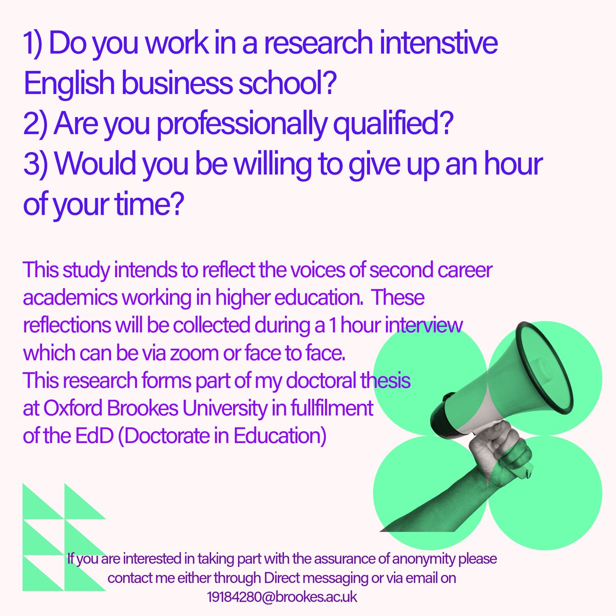 LisaJwakefield's tweet photo. As part of my doctoral studies, I am looking to interview professionally qualified academics working in research-intensive English Business schools. Would you be interested in sharing your insights through an interview
If so, please email me or send a direct message. Thank you https://t.co/6g0zPDpW1g