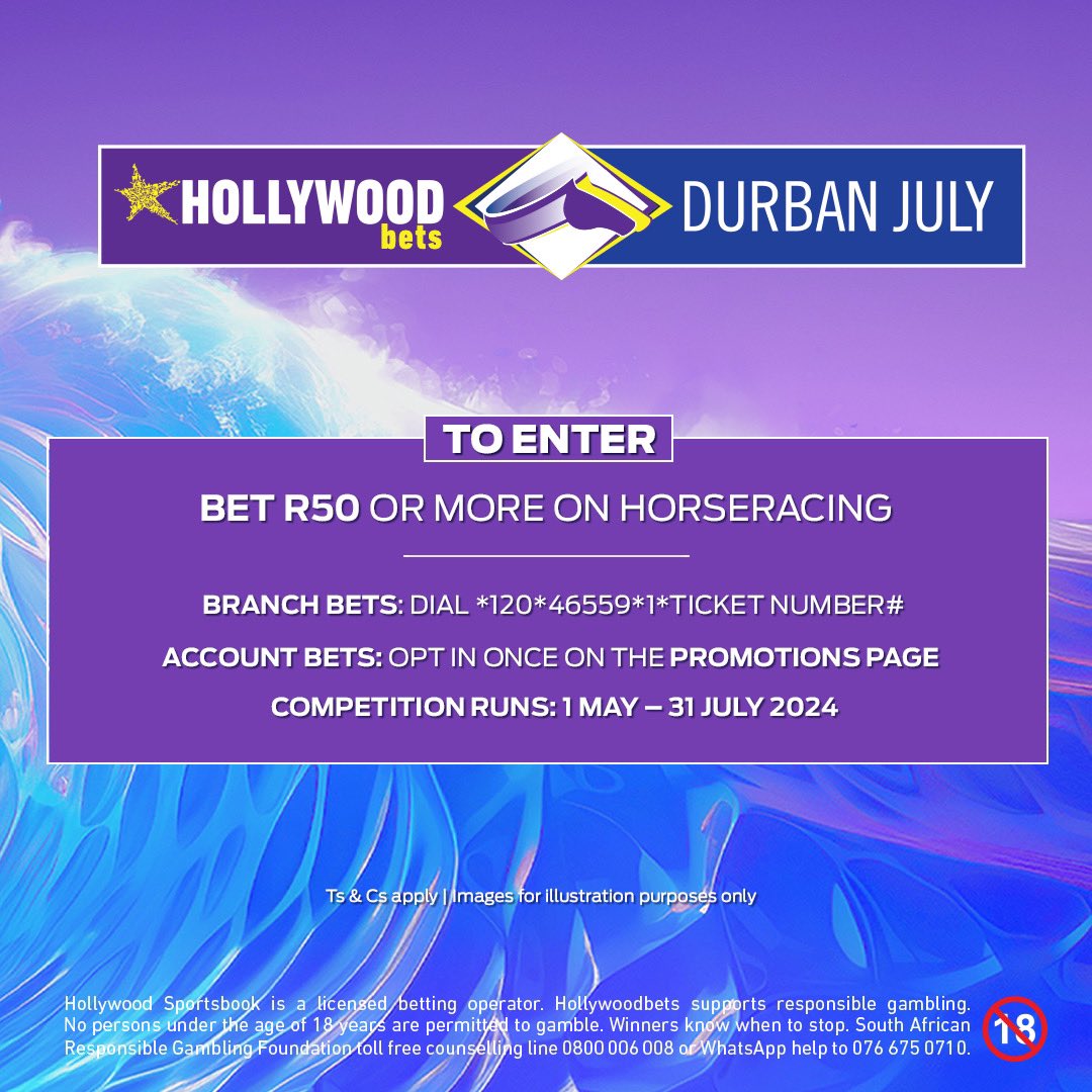 Makes Waves with Hollywoodbets! You could WIN over R2 MILLION in prizes! Simply bet R50 or more on Horseracing!

 Competition runs: 01 May – 31 July 2024. Bet now! Ts & Cs apply.