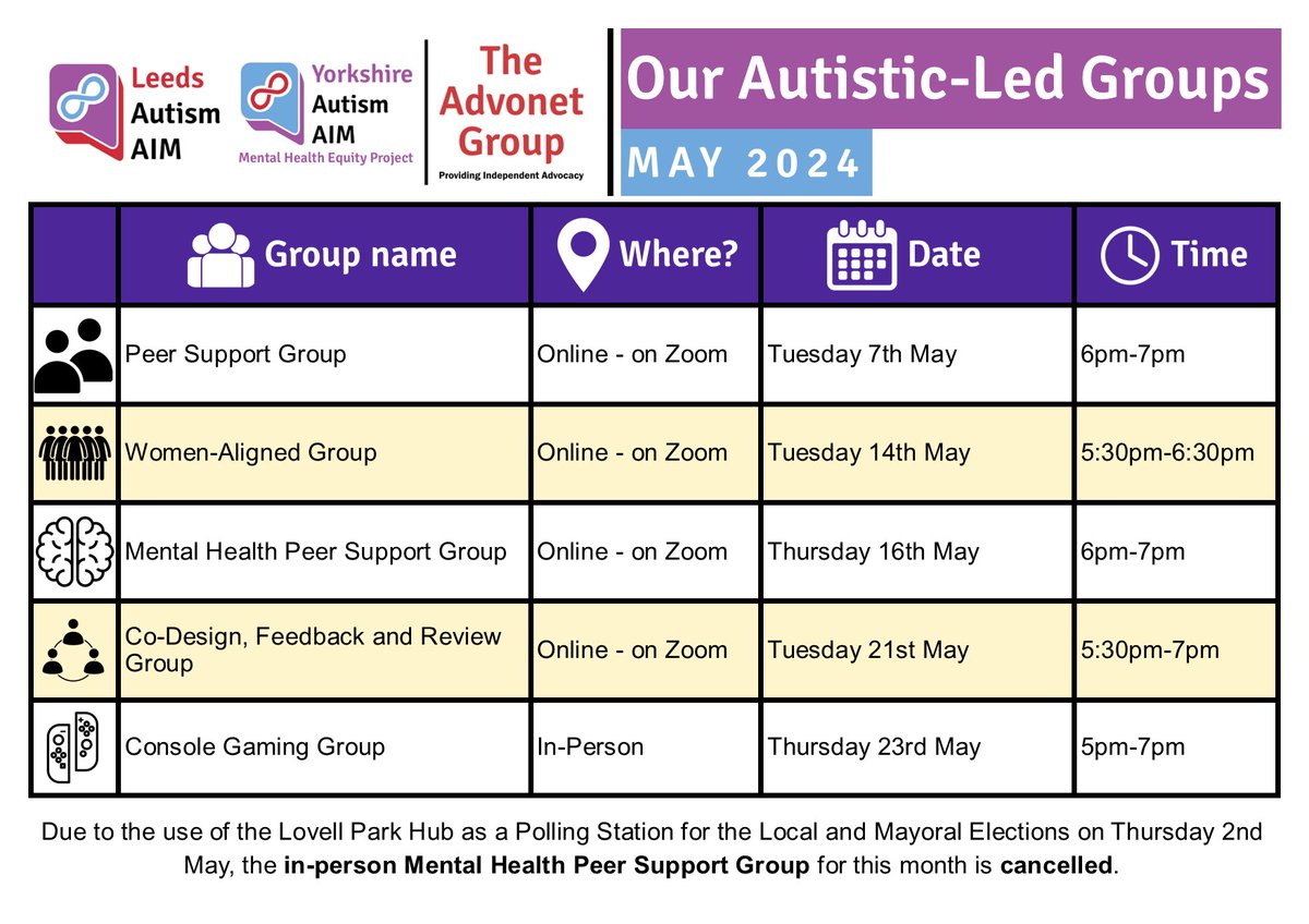 Our and @yaamhep's May timetable of #ActuallyAutistic-led Groups in #Leeds is out now! Find out more about them and how to join here: leedsautismaim.org.uk/our-services/a… #PeerSupport #MentalHealth #CoDesign