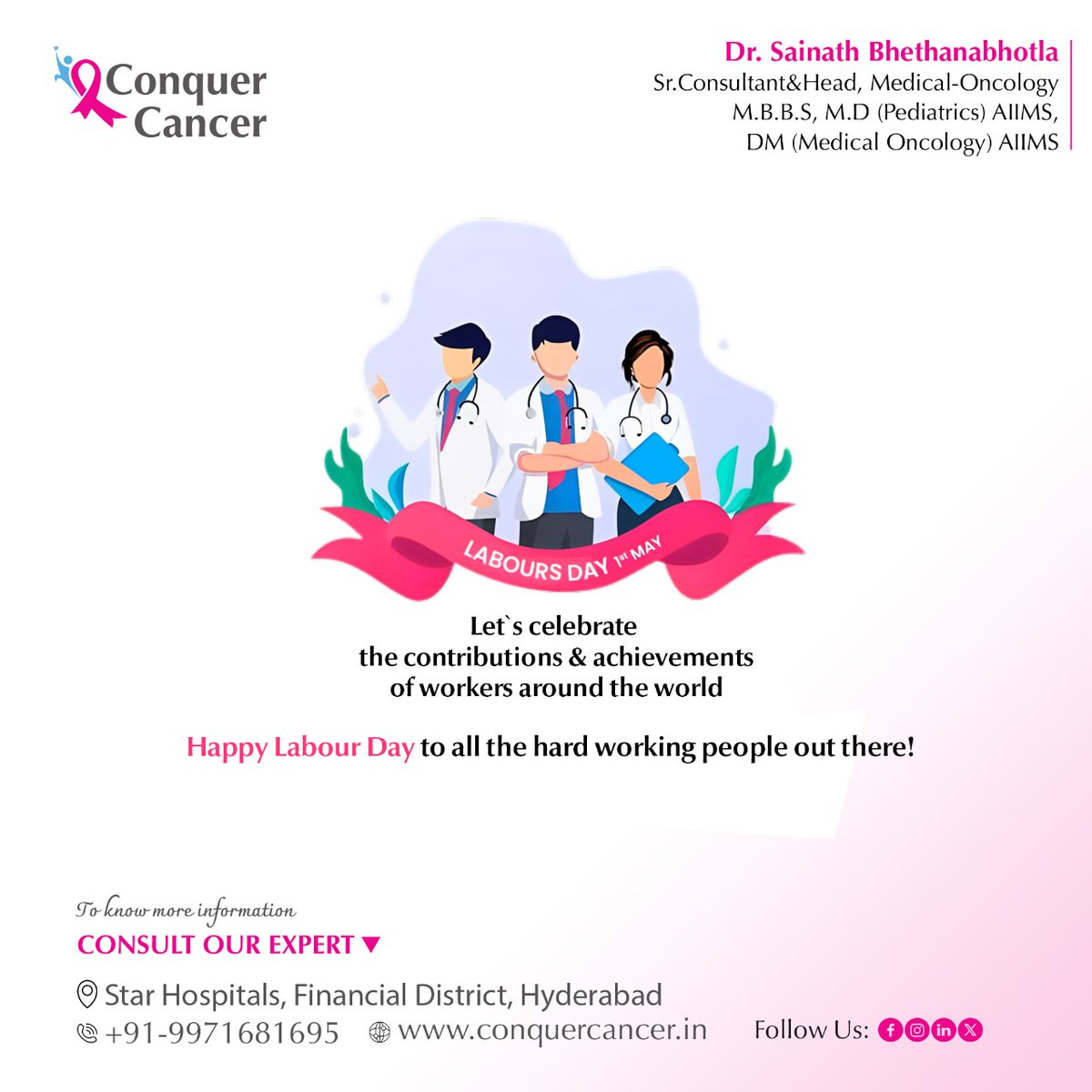 Happy Labour Day to all the hardworking individuals around the globe! 💼 Let's celebrate their dedication and accomplishments that fuel progress. Together, we conquer challenges and strive for a brighter future.
#ConquerCancer #CancerPrevention #CancerTreatment #Nanakramguda