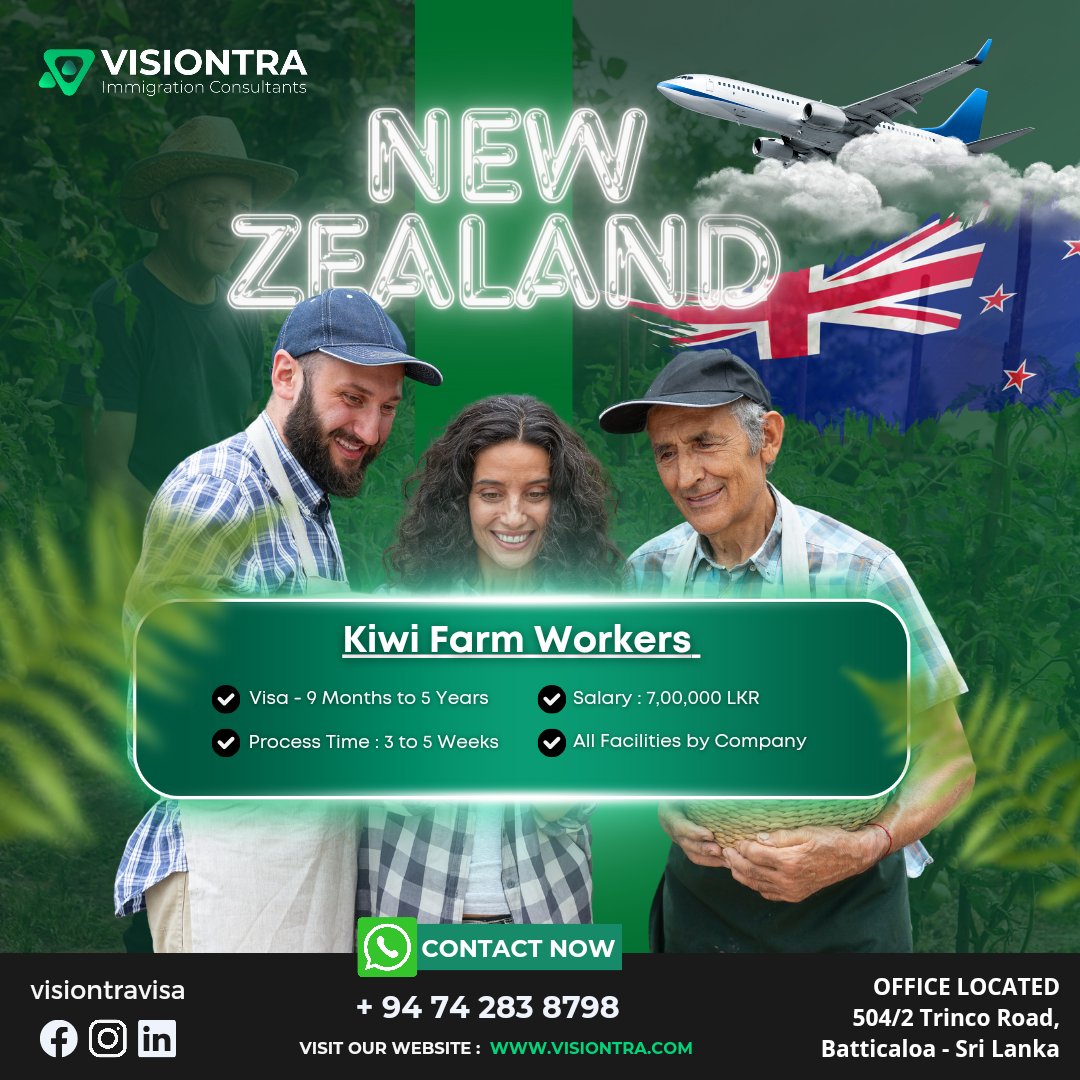 🇳🇿 Ready to embark on a rewarding journey as a farm worker in New Zealand? 🌱

#VisiontraImmigration #GlobalOpportunities #europejobs #europejobsinsrilanka #Srilankavisaagency #Visaagencyinsrilanka #Visiontra #bestvisaagencyinsrilanka #bestrecruitmentagency