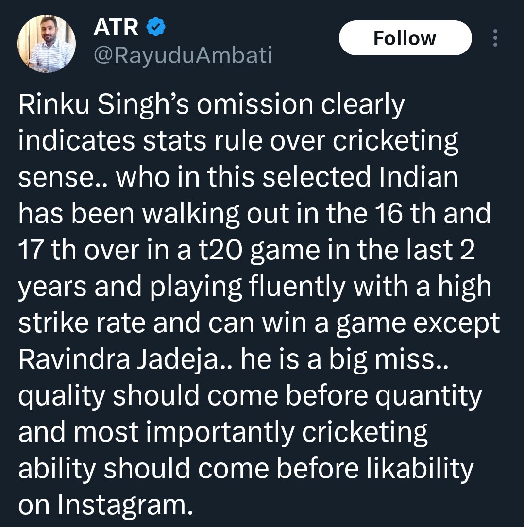 Ex Cricketer #AmbatiRayudu tweet for Rinku Singh.