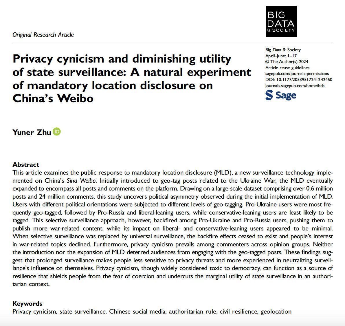 New paper🎙“Privacy cynicism and diminishing utility of state surveillance: A natural experiment of mandatory location disclosure on China’s Weibo” by Yuner Zhu from the special theme on Digital Resignation and Privacy Cynicism #surveillance #geolocation 🔗buff.ly/4cVe5bE