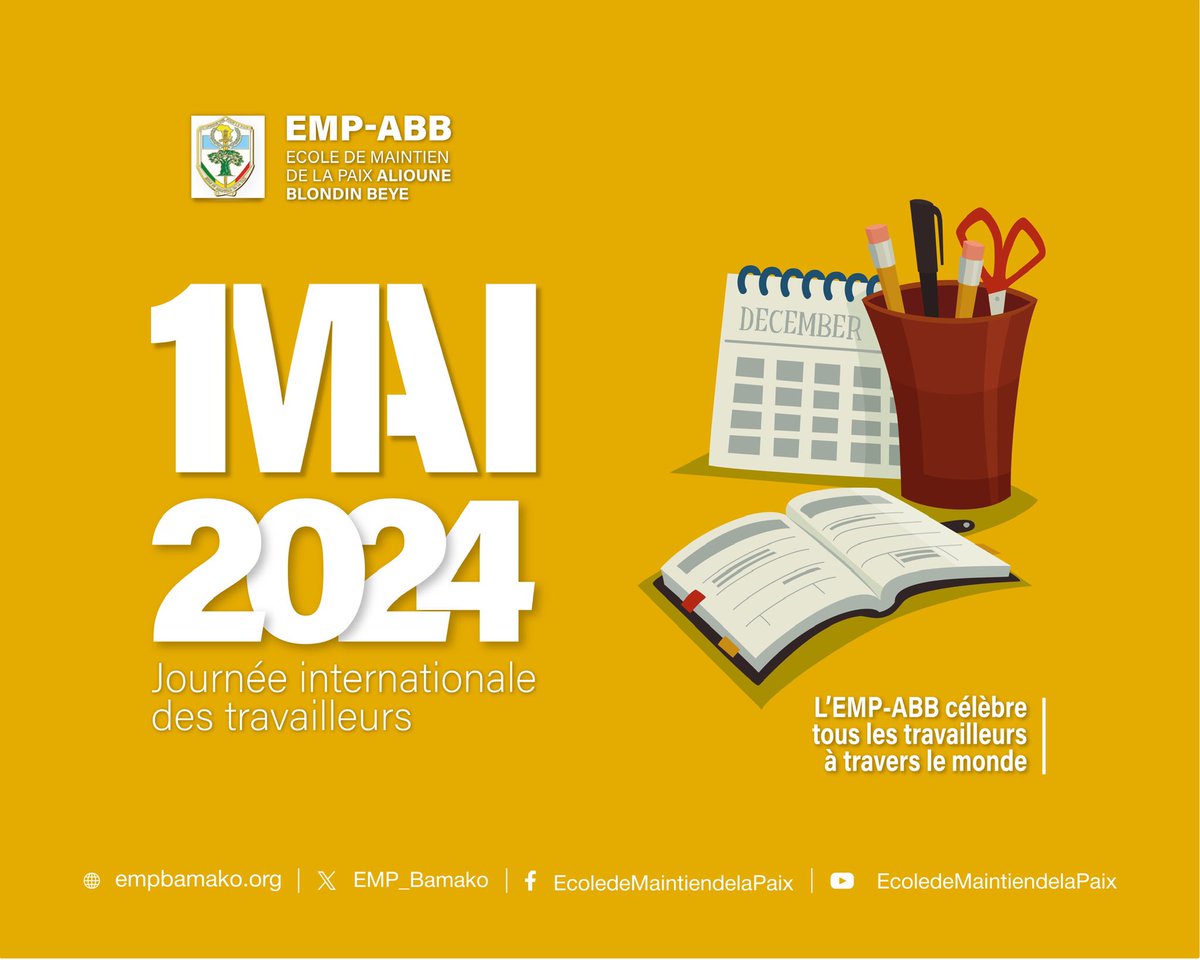 EMP_Bamako's tweet photo. Célébrons la Journée Internationale des Travailleurs en reconnaissant le lien indissociable entre travail et paix. À tous ceux qui contribuent à un monde plus juste et pacifique, merci ! #PaixAuTravail #Solidarité https://t.co/eRKyyBX6H3