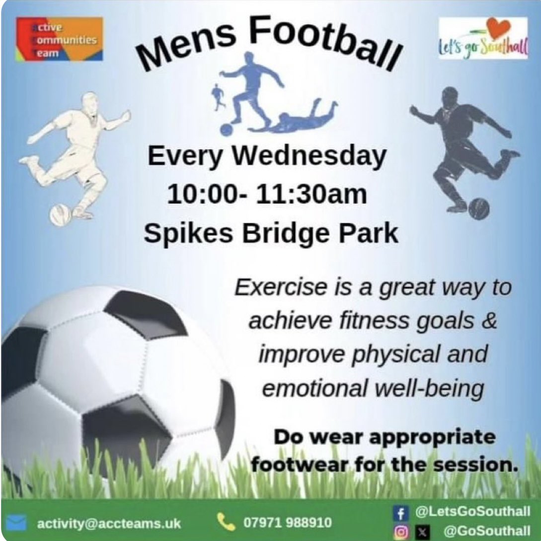#NorwoodGreen & #Southall residents @GoSouthall are running mens football sessions every Wednesday between 10-11:30am at Spikes Bridge Park. ⚽️🏃 to find out more info then e mail - Activity@accteams.co.uk