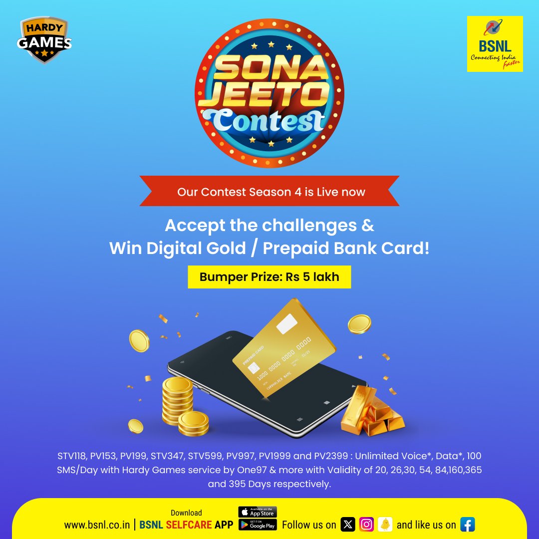 It's game on with #ContestSeason4 on #HardyGames! Accept the challenges and win digital gold or prepaid bank card. Exclusively with #BSNL select prepaid plans. #RechargeNow Download #BSNLSelfcareApp Google Play: bit.ly/3H28Poa App Store: apple.co/3oya6xa