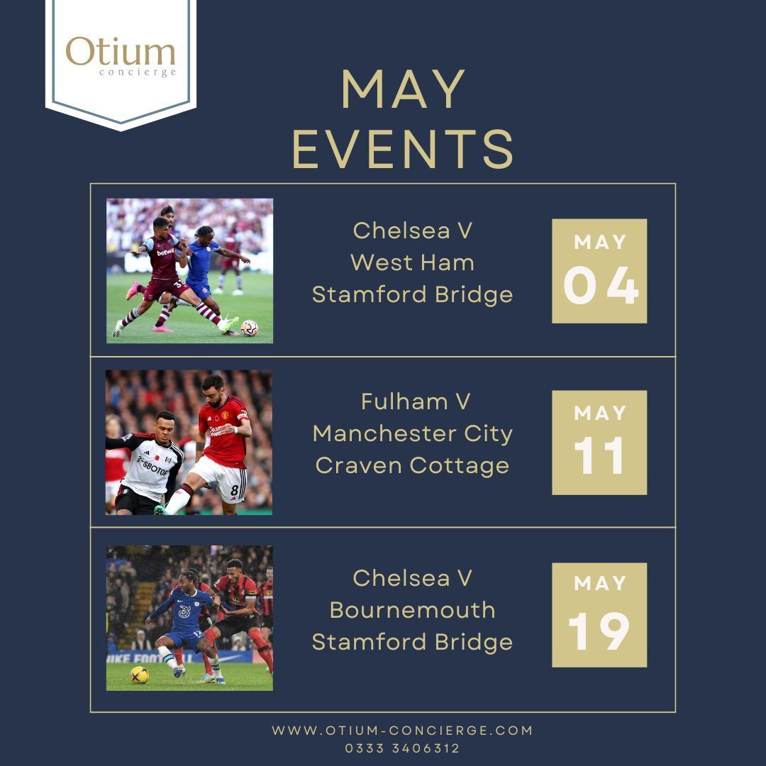 OtiumConcierge's tweet photo. ✨ Welcome to our Spectacular May Events!

From ⚽ Football Frenzy to thrilling 🎸 Concerts, this month is brimming with captivating events!

To find out more about how Otium Concierge can save you time, please get in touch..
📩 DM us
📧 hello@otium-concierge.com
📞 0333 3406 312 https://t.co/BtiCu4j0oQ
