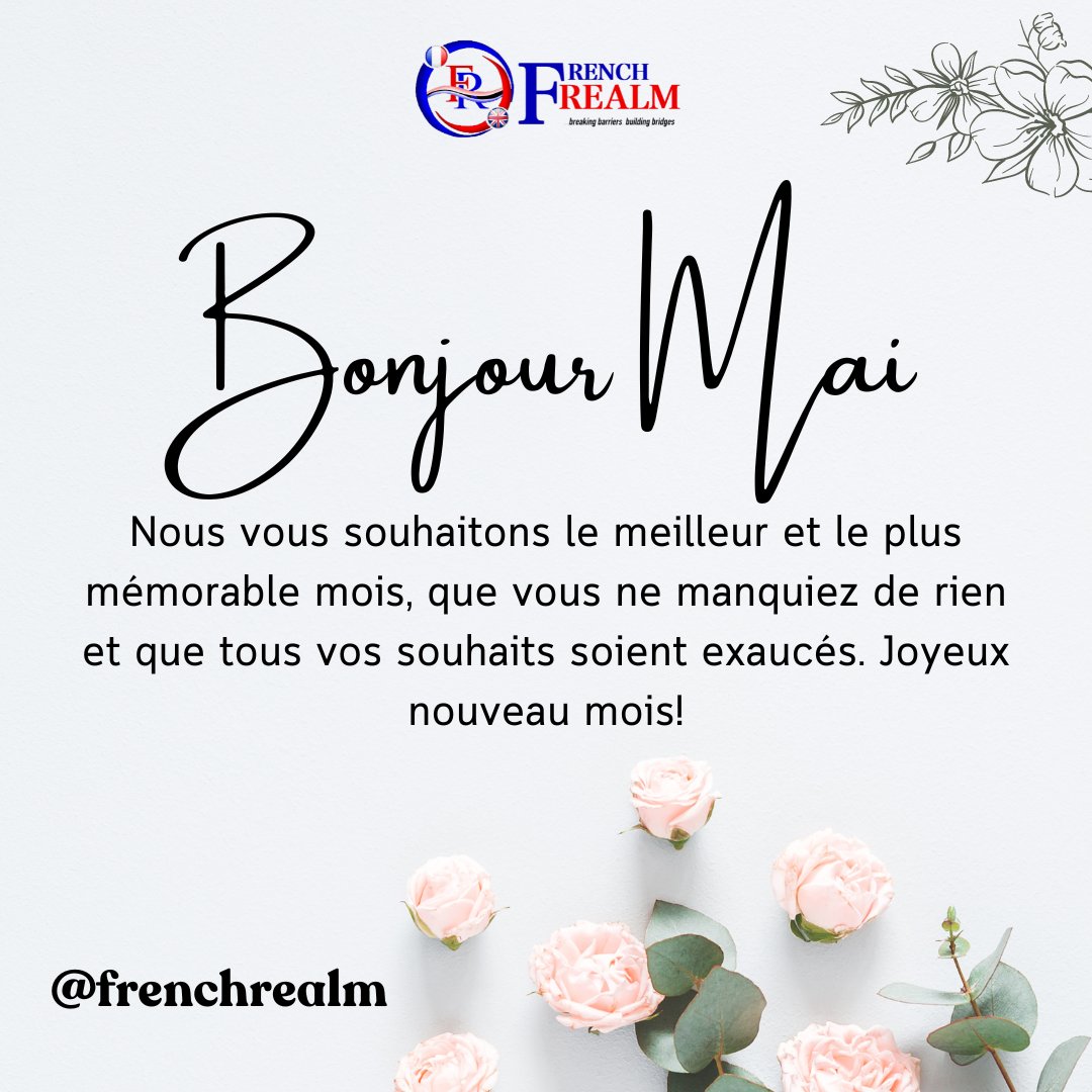 FrenchRealmFR's tweet image. We wish you the best and most memorable month, may you not miss anything and may all your wishes come true.  Happy new month ✨💃🏻🎉 💪🇫🇷 Bonne nouvelle semaine! 

**
#Nouveaumois #Frenchclass #FrenchLanguageLearning #newmonth #may2024 #frenchlistening #onlinefrenchschool #mayday