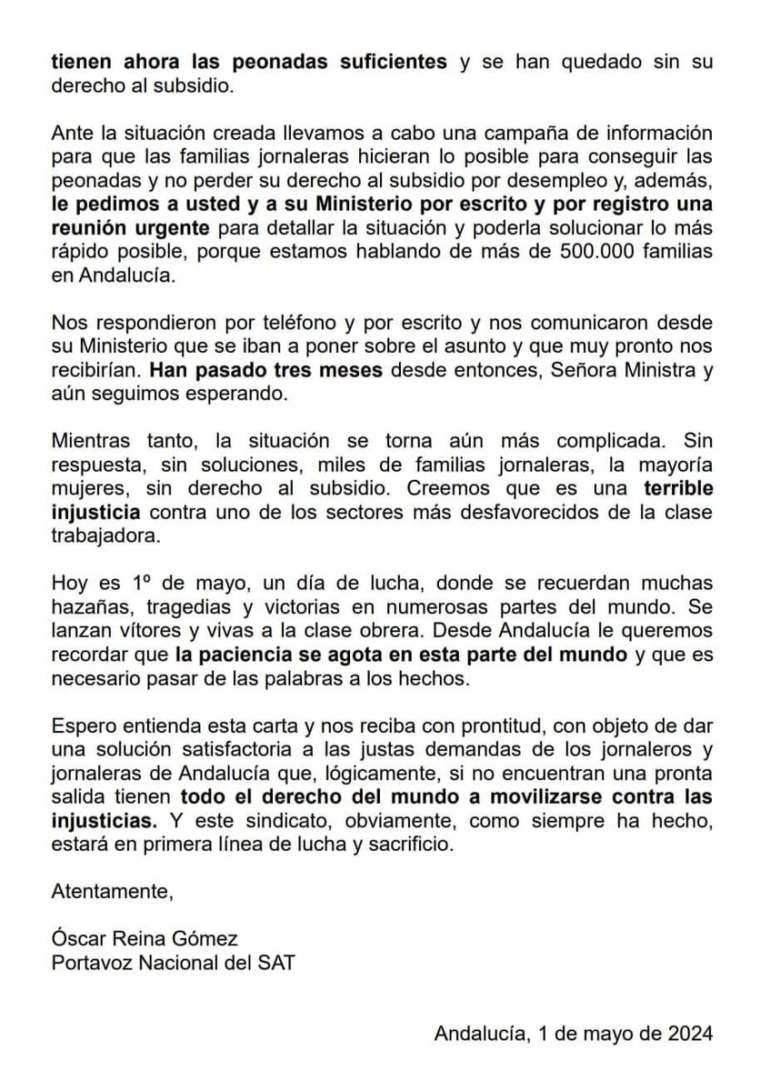 Carta abierta a la señora ministra de trabajo del Gobierno de España, Yolanda Díaz. Hoy 1° de Mayo de 2024. #1DeMayo #ClaseTrabajadora