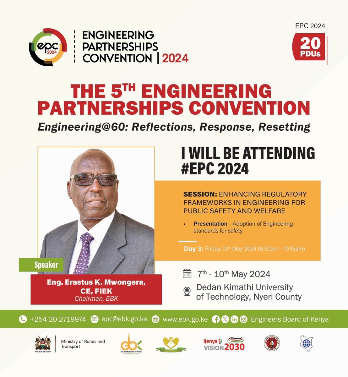 #EPC2024: Don't miss the opportunity to join @EngEKMwongera, Chairman of the Engineers Board of Kenya (EBK), as he presents on the 'Adoption of engineering standards for safety', aimed at enhancing regulatory frameworks in engineering for public safety and welfare. Make sure to…