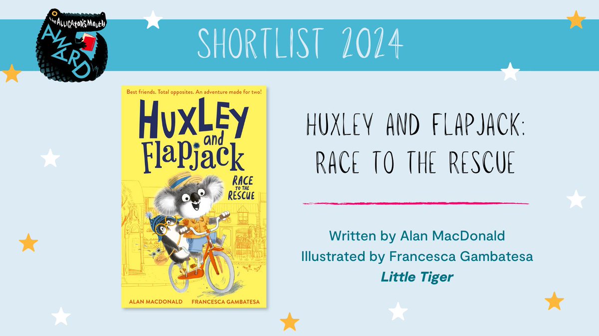 We are thrilled to share that HUXLEY AND FLAPJACK: RACE TO THE RESCUE has been shortlisted for the Alligator's Mouth Award 2024 - Congratulations to Alan Macdonald and Francesca Gambatesa (@francescagam) 🎉🐨🐧 @bouncemarketing #AlligatorsAward