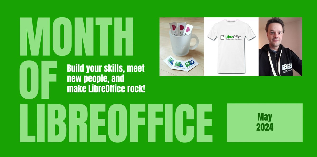Something special is happening in May: it's the Month of #LibreOffice! Join our project, learn new things, and grab a cool sticker pack (or extra merch) as thanks: blog.documentfoundation.org/blog/2024/05/0…