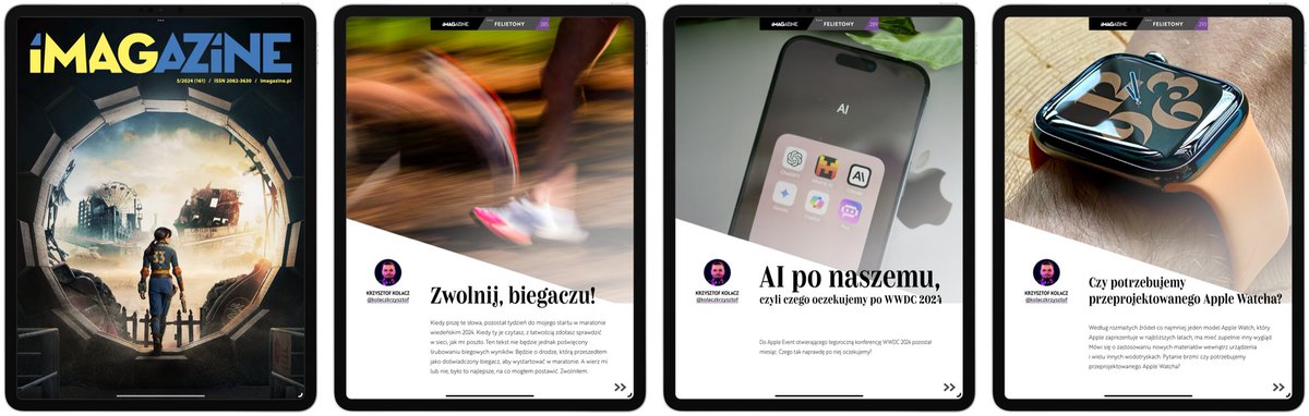 👋🏻 Nowy miesiąc, zatem standardowo zapraszam o @iMagazinePL. W majowym numerze piszę o: - biegowych lekcjach, - AI od #Apple, - oraz o tym, dlaczego nie potrzebny nam nowy wygląd Apple Watcha 🗞️.PDF imagazine.pl/2024/04/30/ima… 📲 Aplikacja: apps.apple.com/pl/app/imagazi… #majówka