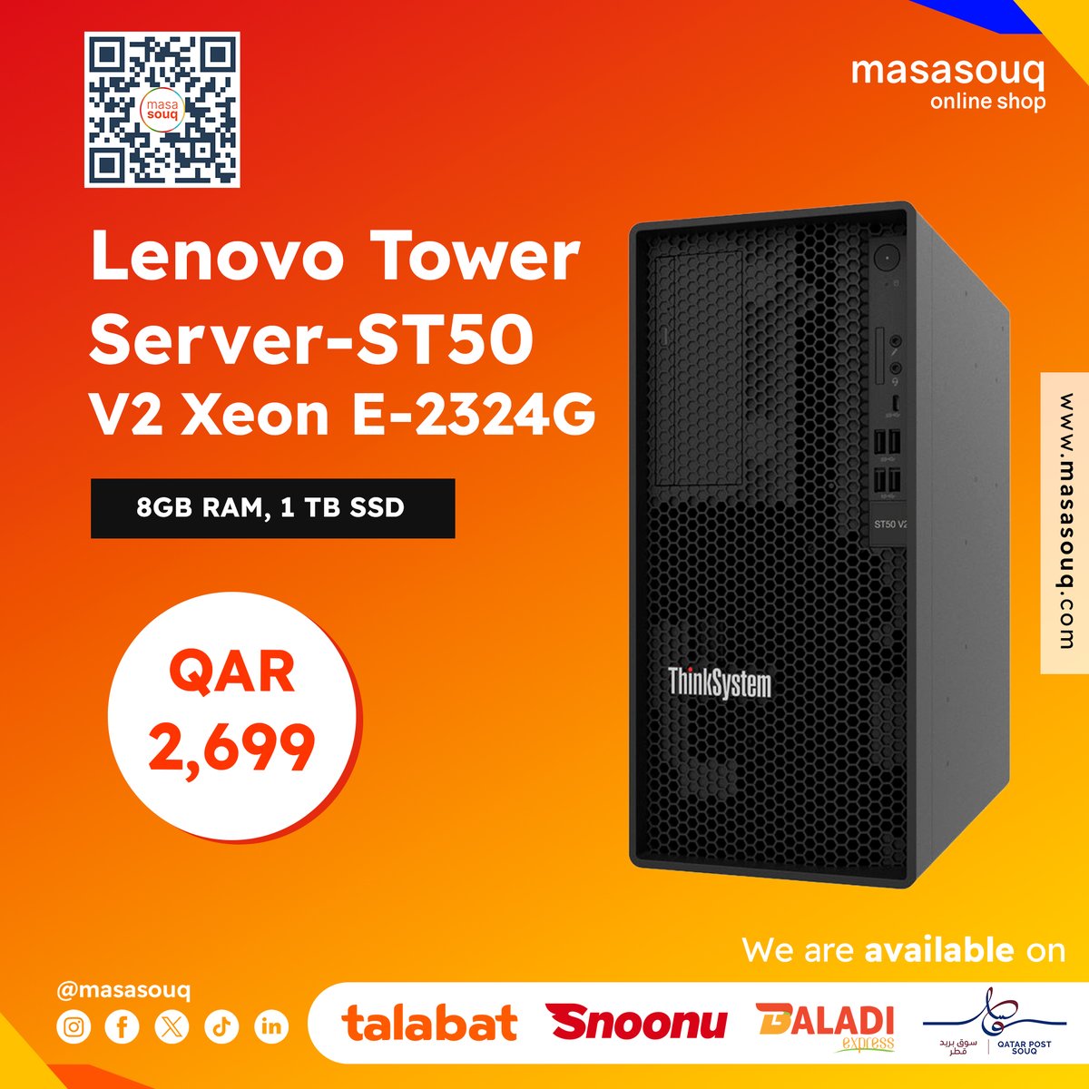 Unleash your business potential with the Lenovo Tower Server-ST50 V2! 💪  Packed with a Xeon processor, ample RAM, and speedy SSD storage.  Ideal for small businesses. QAR2,699  👉 masasouq.com/lenovo-tower-s…  #Lenovo #Server #SmallBusiness #Tech #Qatar #masasouq