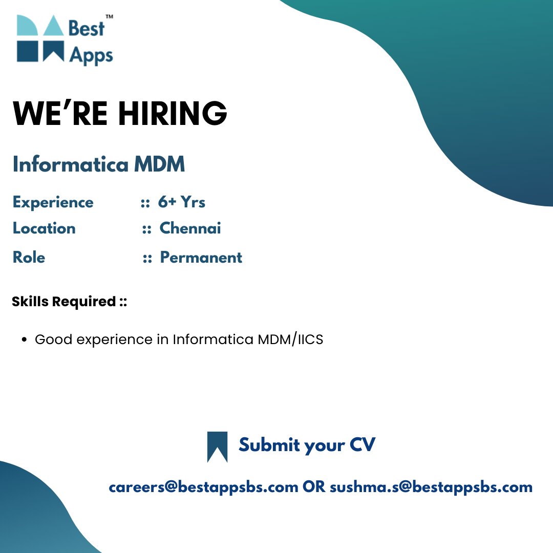 Best Apps Business Solutions Pvt Ltd™ is hiring Informatica MDM

Share with us your updated CV at careers@bestappsbs.com / sushma.s@bestappsbs.com

#recruitment #programming #jobseekers #techjobs #jobvacancy #jobopportunity #technolog #developer #sapconsultant