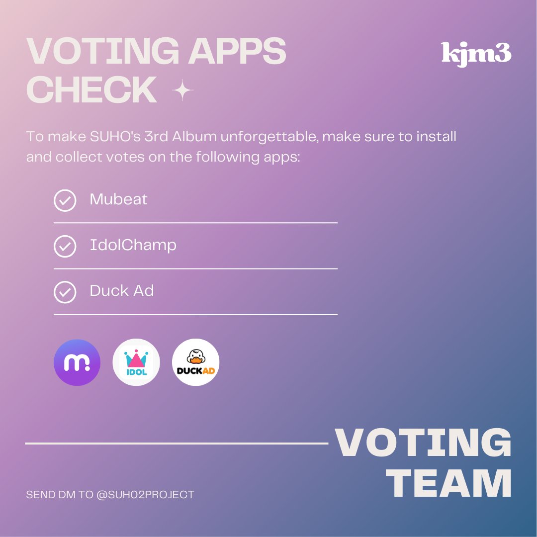 [📢] 𝗖𝗮𝗹𝗹𝗶𝗻𝗴 𝗕𝘂𝗻𝗻𝘆𝘇𝗲𝗻𝘀/L As you know, KJM3 is coming and for this, we invite you to install these three essential apps for the Music Shows😉🩷 🔸Duck Ad goo.su/dPf2Eg 🔸Mubeat goo.su/zJOLr7e 🔸IdolChamp goo.su/crbpJD4 #SUHO #수호