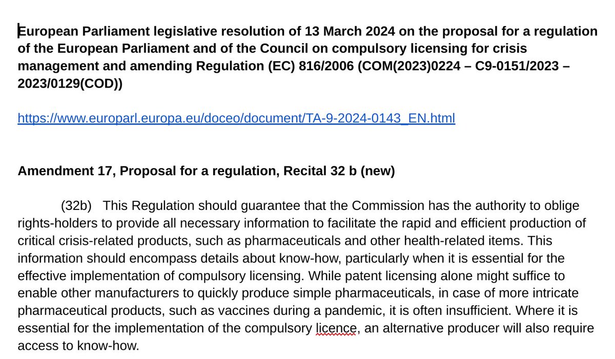 Most country delegates at the <a href="/WHO/">World Health Organization (WHO)</a> pandemic treaty negotiations are unaware of provisions on mandatory technology transfers in the new EU legislation of compulsory licensing.  They should read 32a and 32b.
