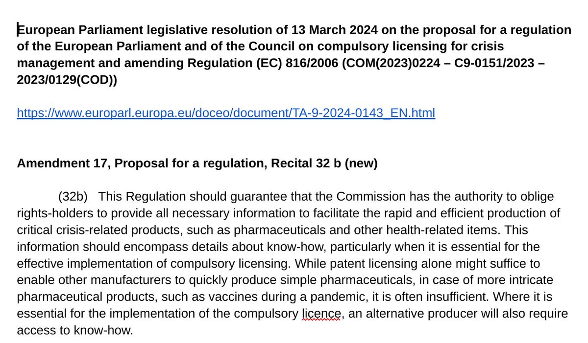 Most country delegates at the @WHO pandemic treaty negotiations are unaware of provisions on mandatory technology transfers in the new EU legislation of compulsory licensing. They should read 32a and 32b.