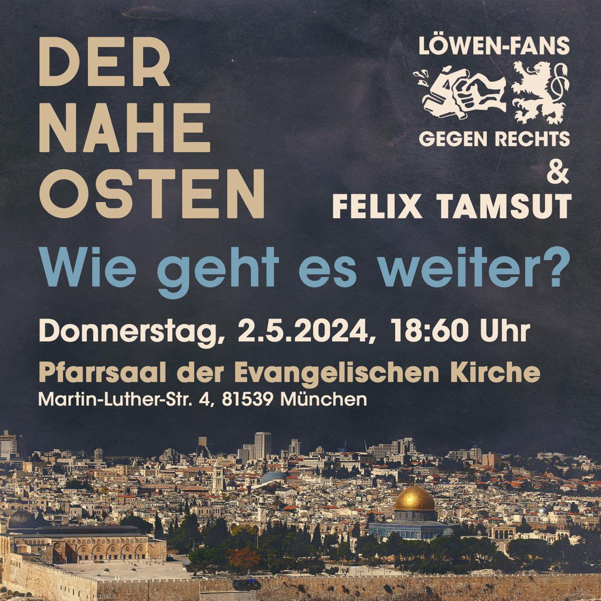 Morgen. München. @lfgr60. 

Der 7. Oktober, der Fußball, die Fankultur und die Zukunft im Nahen Osten aus Sicht eines linken Israeli. 

Kommt vorbei und sagt gerne hallo.