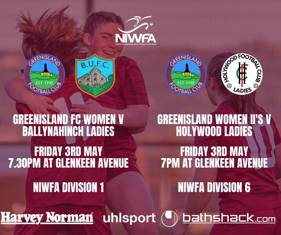 𝗗𝗼𝘂𝗯𝗹𝗲 𝗛𝗲𝗮𝗱𝗲𝗿

We look forward to welcoming @bhinchutd and @holywoodfc to Glenkeen Avenue on Friday night for a @NIWFA_ Double Header

#Uhlsport
#niwfa24
#TheJourneyContinues
