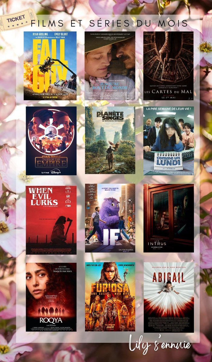 Qui dit 1er Mai dit sélection de mes films et séries du mois ! Et on attend du lourd ce mois-ci : 
#LaPlaneteDesSinges #WhenEvilLurks
#Furiosa

(Et pour le coup celui qui m'inspire vraiment le moins : #IFMovie 🥲)