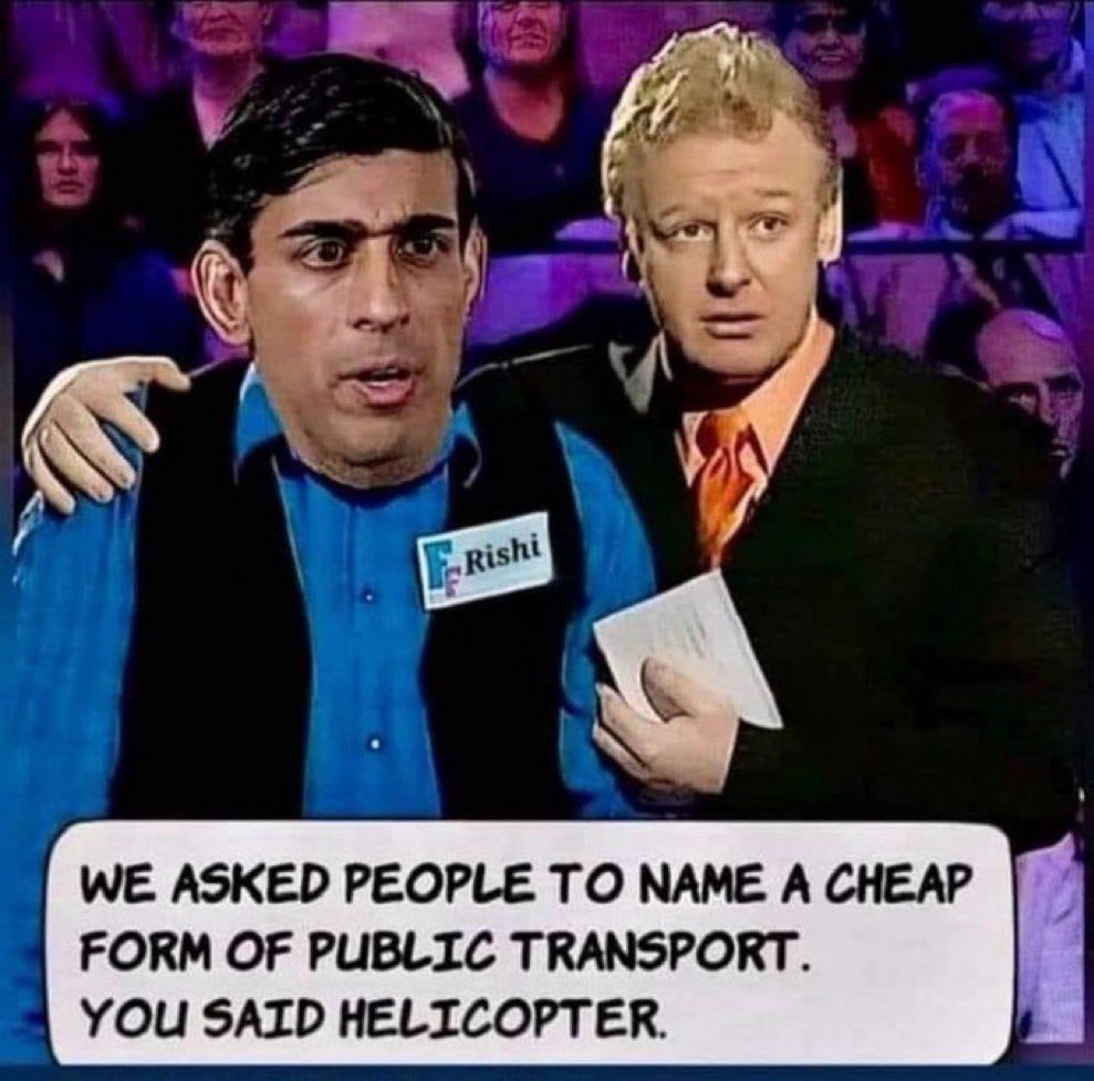 FAMILY FORTUNES Les Dennis: We asked people to name a cheap form of public transport! You said... Sunak: Helicopter David Cameron : Private jet Michelle Mone : Yacht And the link is? The public paid for them