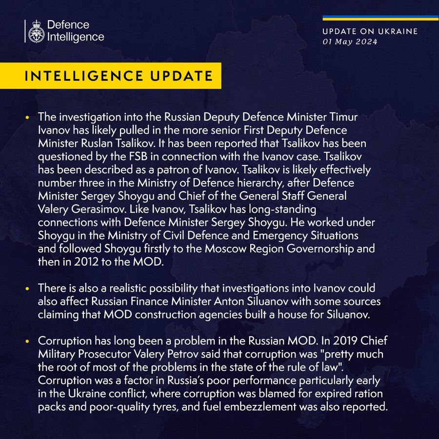 The investigation into the Russian Deputy Defence Minister Timur Ivanov has likely pulled in the more senior First Deputy Defence Minister Ruslan Tsalikov. It has been reported that Tsalikov has been questioned by the FSB in connection with the Ivanov case. Tsalikov has been described as a patron of Ivanov. Tsalikov is likely effectively number three in the Ministry of Defence hierarchy, after Defence Minister Sergey Shoygu and Chief of the General Staff General Valery Gerasimov. Like Ivanov, Tsalikov has long-standing connections with Defence Minister Sergey Shoygu. He worked under Shoygu in the Ministry of Civil Defence and Emergency Situations and followed Shoygu firstly to the Moscow Region Governorship and then in 2012 to the MOD. There is also a realistic possibility that investigations into Ivanov could also affect Russian Finance Minister Anton Siluanov with some sources claiming that MOD construction agencies built a house for Siluanov. 