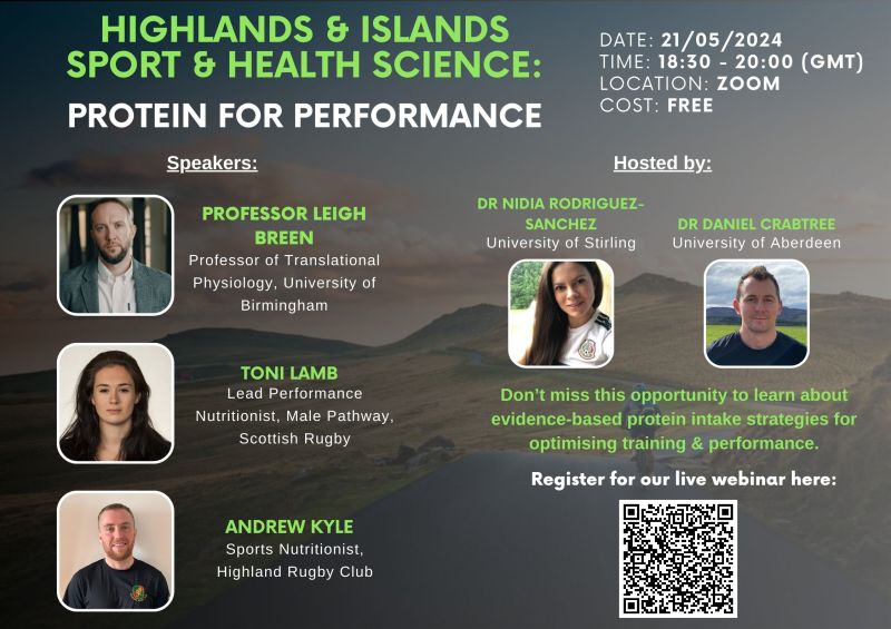 An exciting webinar for sports/activity practitioners, and students with an interest in sport and health nutrition (May 21 2024, 18:30-20:00 GMT, Zoom, and free!). Some fantastic speakers lined up. ticketsource.co.uk/highland-sport…