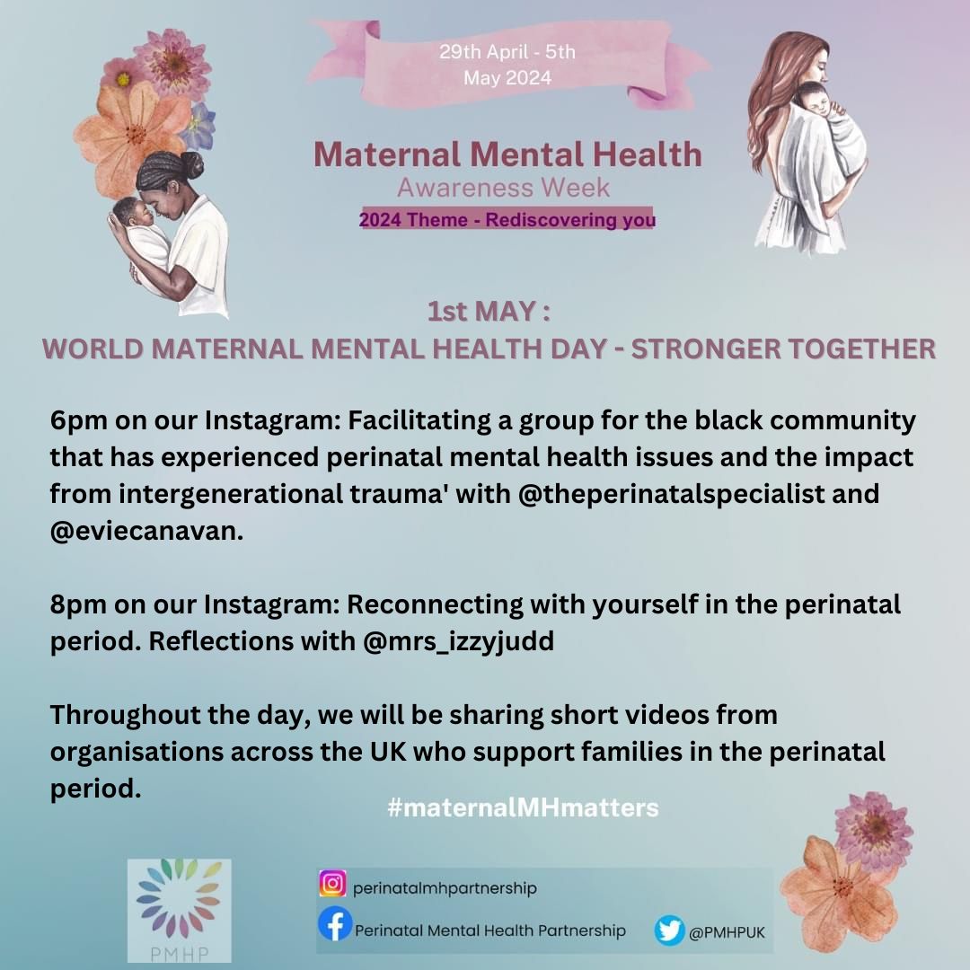 Welcome to Day 3 of @PMHPUK Maternal Mental Health Awareness Week and today is #worldmaternalmentalhealthday from our friends @worldmmhday. The theme is Stronger Together. 
#maternalmhmatters 
#maternalmentalhealthawarenessweek 
#maternalmentalhealth 
#perinatalmentalhealth