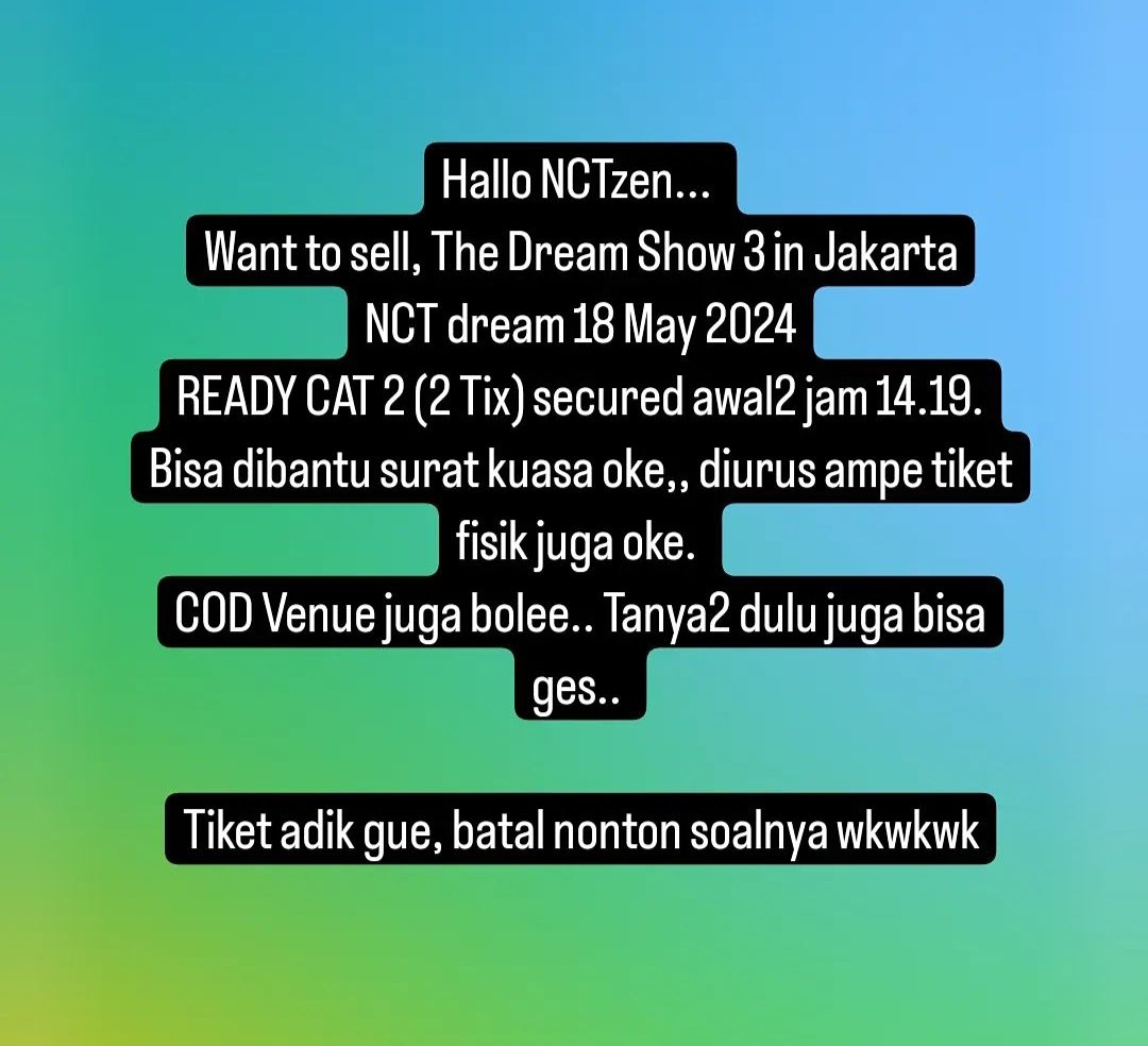 ayufdltsf's tweet photo. Yang belum kebagian tiket/masih cari" tiket .. aku ada 2 tiket .. yang mau boleh tanya" dlu...

#NCTDREAM_THEDREAMSHOW3 #nctdream #nctdream_thedreamshow3injakarta #kpopers #konser_Nct https://t.co/lfRt11e1UD