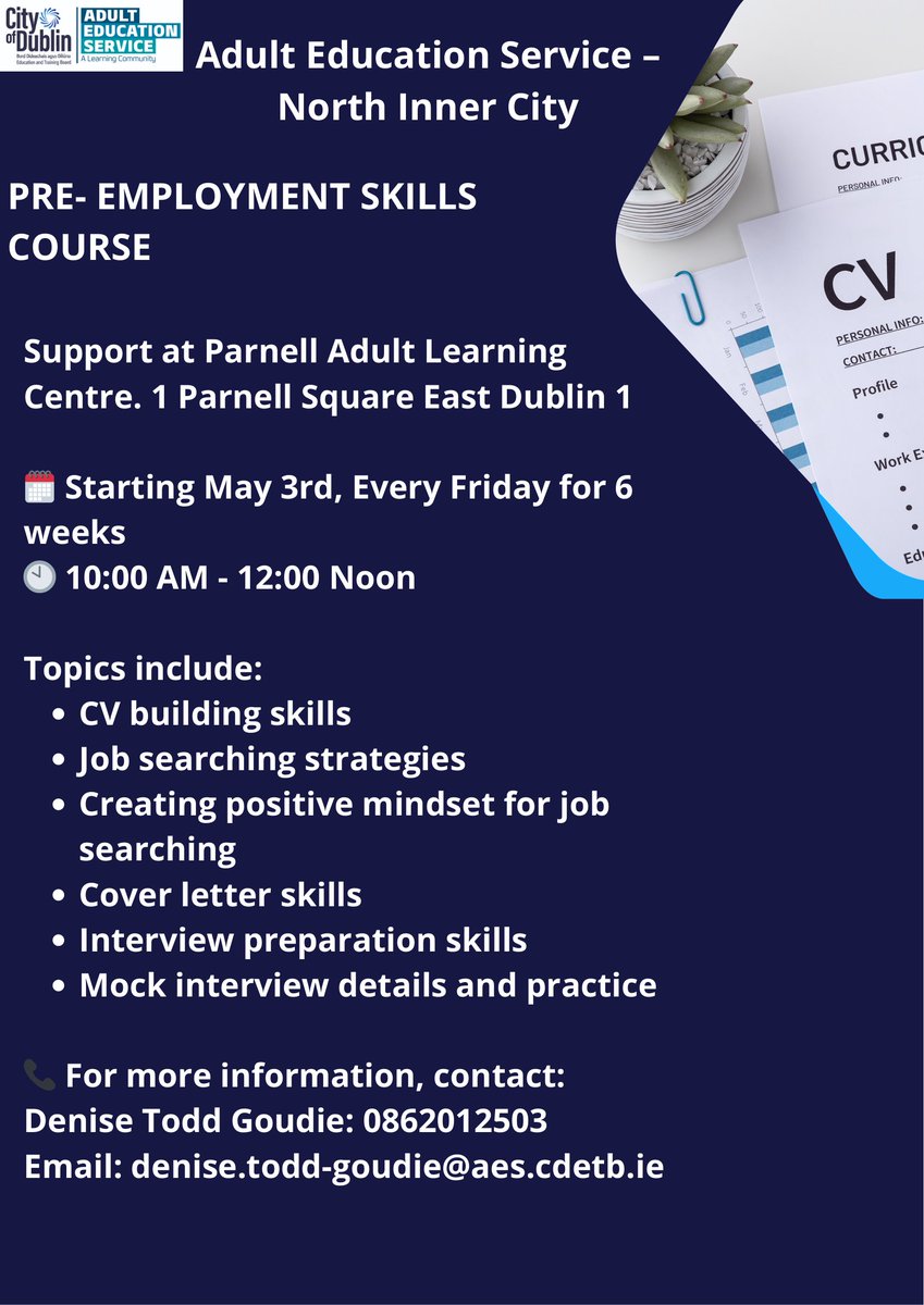There will be a six-week Pre-Employment Skills course taking place in the Parnell Adult Learning Centre starting this Friday the 3rd of May📖 Contact Denise on 086 201 2503 or email denise.todd-goudie@aes.cdetb.ie for more info! #NEIC #PreEmploymentSkills