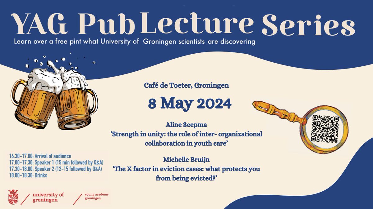 Don't forget the upcoming @YAGroningen pub lecture next Wednesday, 8 May: * Aline Seepma, Strength in unity: the role of inter-organizational collaboration in youth care * @MichelleBruijn, The X factor in eviction cases: what protects you from being evicted?