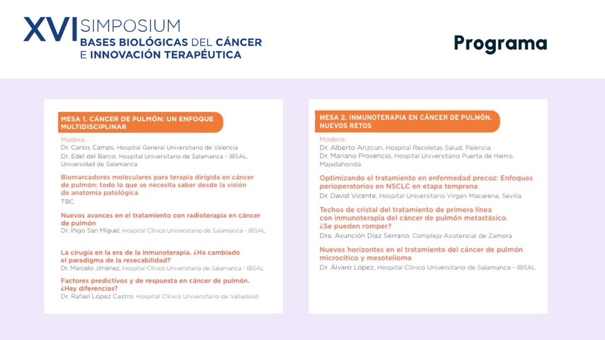 🟣 Todos los avances en el tratamiento del #CáncerdePulmón en #SalamancaBases Destacados oncólogos presentan todas las novedades en la Mesa 1 y 2 del jueves 23 de mayo. PROGRAMA COMPLETO ▶ tacticsmd.net/actividad/xvi-…