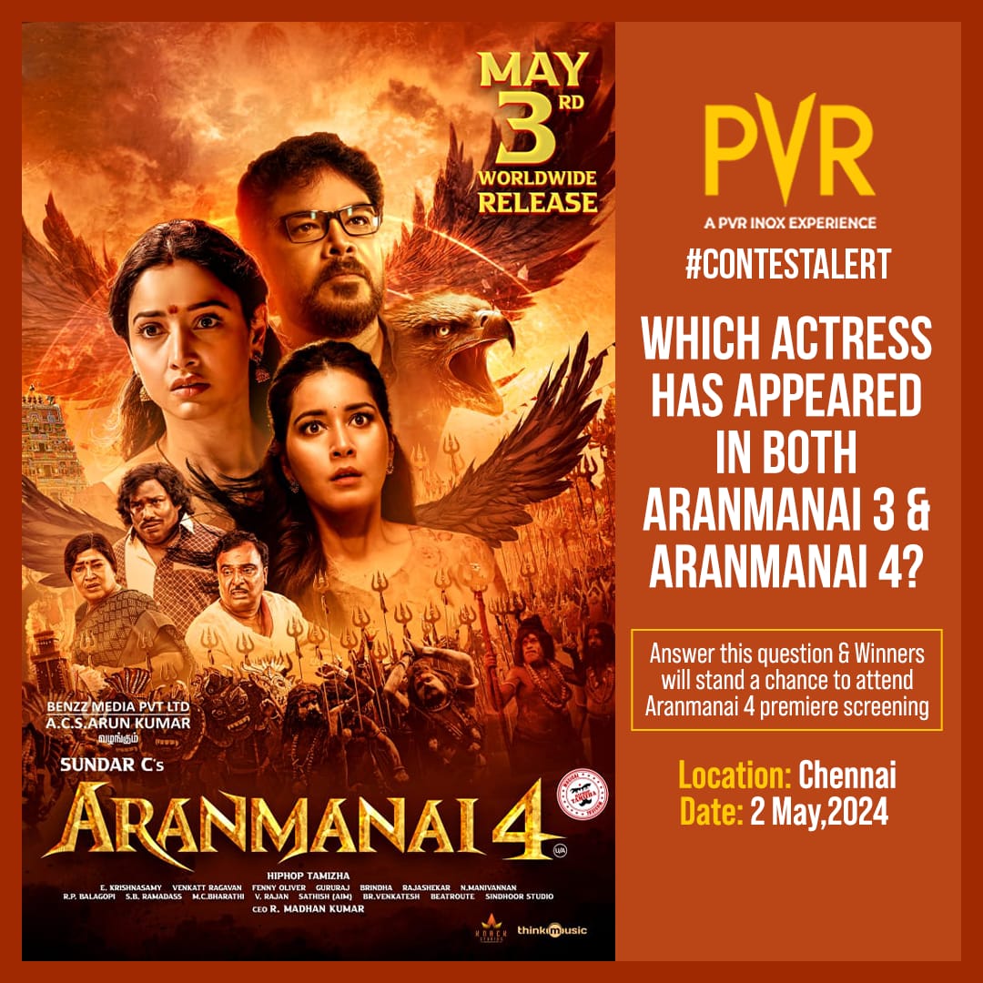 Get ready to unravel the secrets! 🕵️‍♂️ Answer a simple question and stand a chance to attend the Aranmanai 4 premiere in Chennai on May 2. 🎬✨ Steps: 1: Share your answer and the city you’re from in the comments 2: Tag PVR CINEMAS and your friends 3: Tag #Aranmanai4AtPVR…