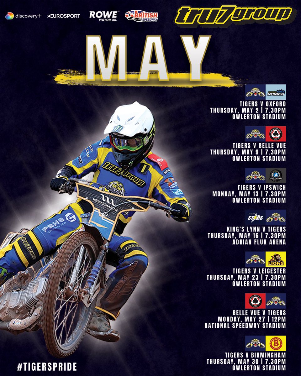 💥 𝗧𝗛𝗘 𝗠𝗢𝗡𝗧𝗛 𝗔𝗛𝗘𝗔𝗗… … and we’re getting busier! 5️⃣ home fixtures in May starting against @OxfordSpeedway tomorrow ➕ 2️⃣ on the road including a rearranged trip to @KLSpeedway. The Tiger Cubs also head to Leicester on May 19. 🐯 #TigersPride | #BritishSpeedway
