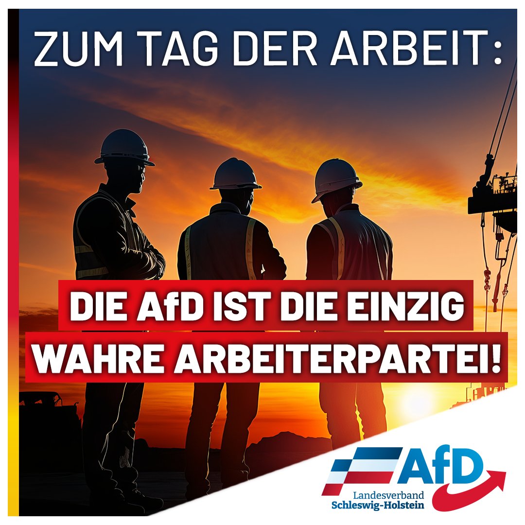 Zum #TagderArbeit stellen sich die linken Parteien symbolisch auf die Seite der Arbeiter. Die Realität zeigt allerdings, dass immer mehr Arbeiter #AfD  wählen. Zur vergangenen Landtagswahl in Hessen waren es ganze 40%! Weiter so! 

Ganzer Text: t.me/AfDSchleswigHo…