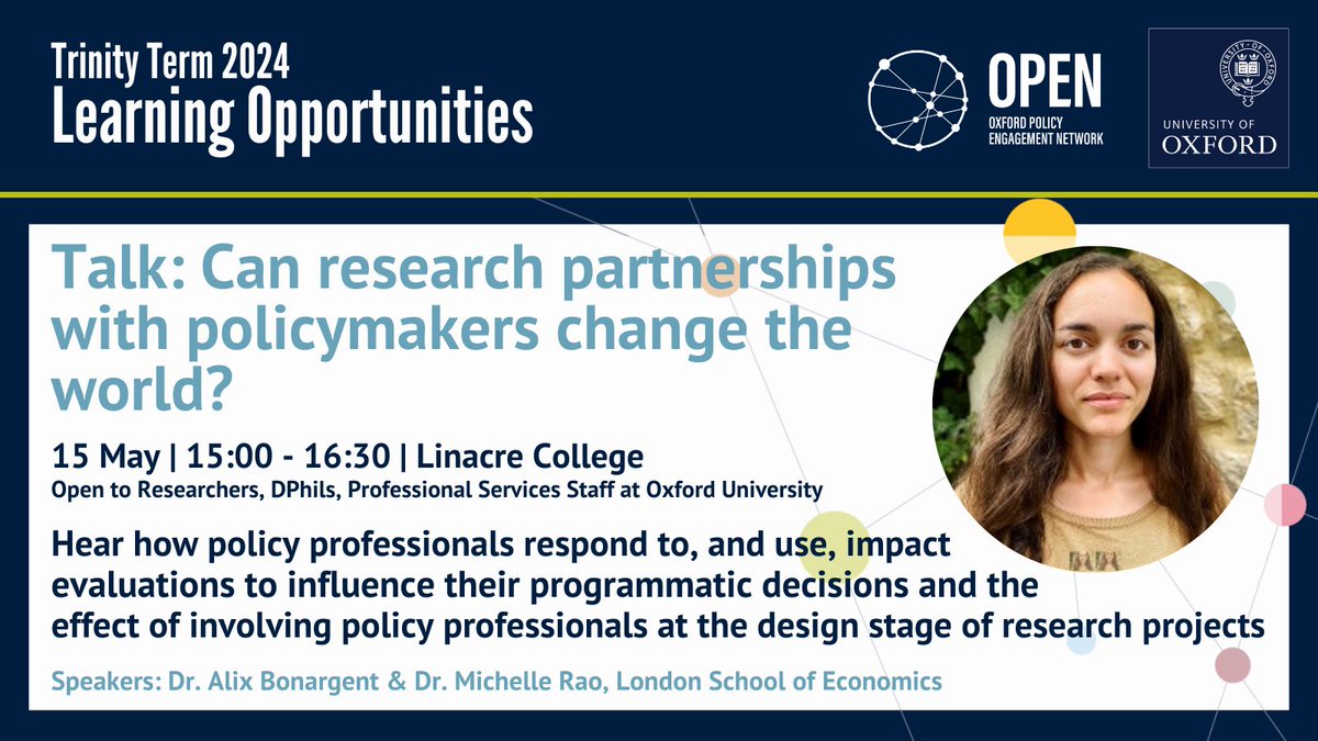 📢Interested in the intersection of research & real-world impact? Join our first talk of the term!💡 📅15 May Hear how evidence can influence policy decisions, policy professionals use research findings & how partnering can make a real difference Sign up: shorturl.at/EUW19