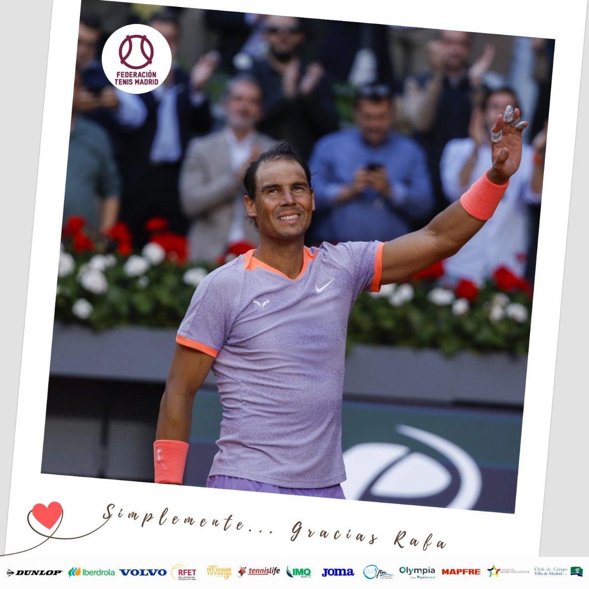 𝗦𝗶𝗺𝗽𝗹𝗲𝗺𝗲𝗻𝘁𝗲... 𝗚𝗿𝗮𝗰𝗶𝗮𝘀 𝗥𝗮𝗳𝗮

 🤗Con el corazón lleno de gratitud y admiración, el tenis madrileño se despide de uno de los más grandes íconos del deporte: Don Rafael Nadal Parera. 

Simplemente, Gracias Rafa 😍