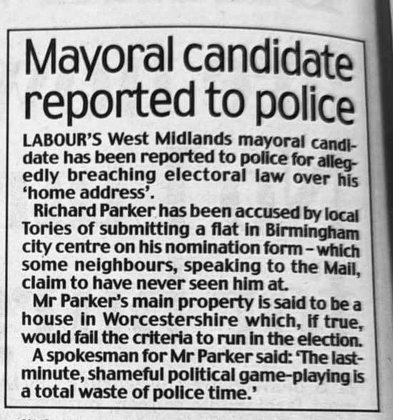 West Midlands Mayoral candidate reported to the police.