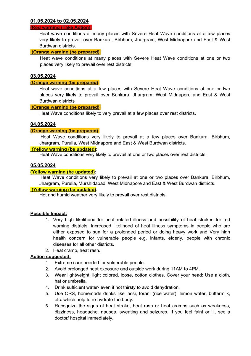 Heat wave alert in West #Bengal during 1st May to 5th May, 2024. #HeatwaveAlert