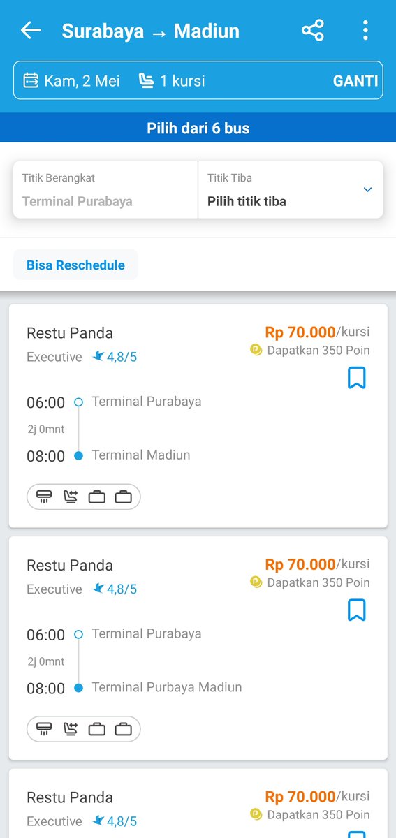Kini PO bus Restu Panda rute Malang - Surabaya - Madiun - Ponorogo hadir di Traveloka dengan layanan patas seat 2-2. 📸 Instagram/restupandagroup