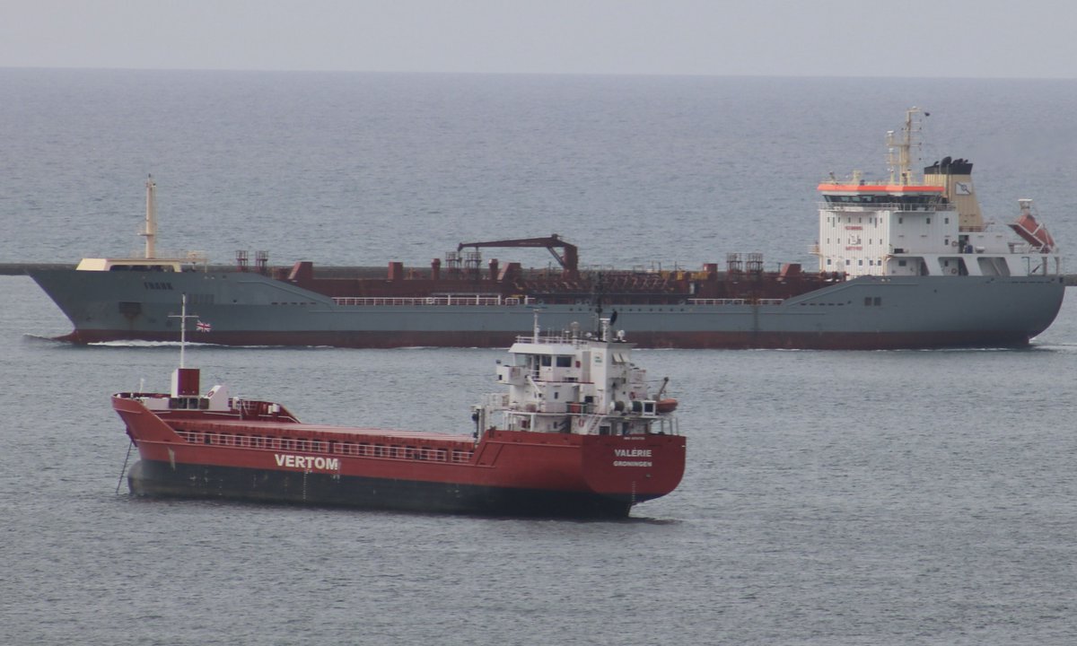 Gibraltar registered oil tanker FRANK inbound to the Plymouth Cattewater passing the general cargo vessel Valerie at anchor near the Breakwater. westwardshippingnews.com contact@westwardshippingnews.com