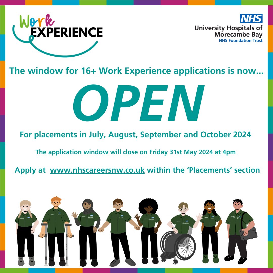 🏥Applications for 16+ Work Experience are now open and can be accessed within the 'Placements' section of nhscareersnw.co.uk. This is for placements with @UHMBT during July, August, September and October. Please share with anyone who might be interested!