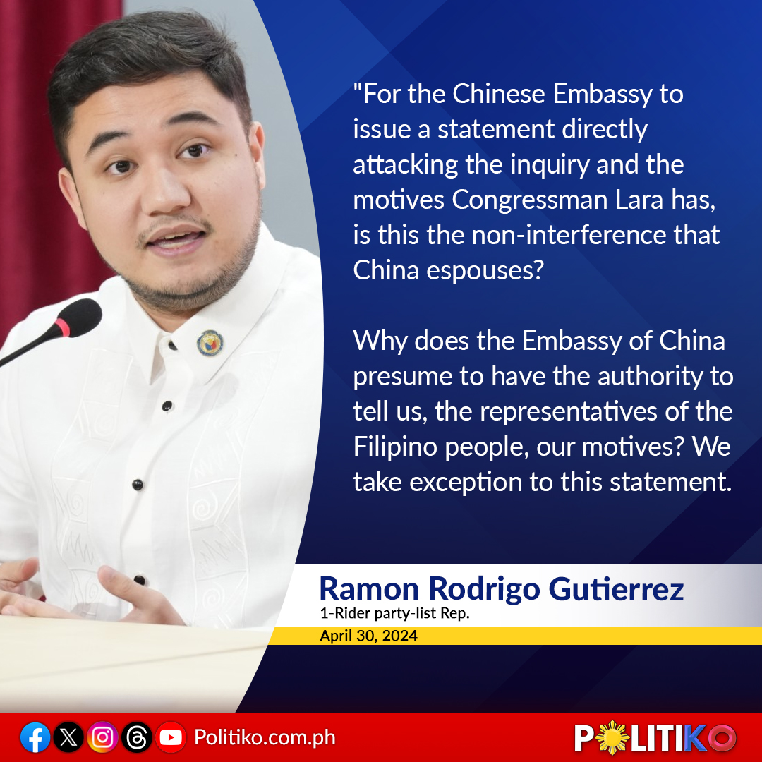 An opposition lawmaker urged China not to interfere with legislators who are simply doing their job when they seek a congressional probe regarding the influx of Chinese students in the country. READ: politiko.com.ph/2024/05/01/han…