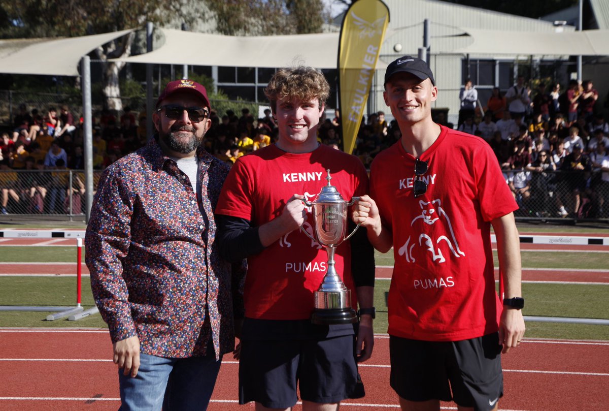 MarcellinSport's tweet photo. Kudos to all students on a wonderful athletics carnival. Thanks also to all our staff for their efforts. 
Congratulations Kenny house 🏆 Big smiles from House Captain Rory and House Leader Adrian. More 📷 on Instagram
#StriveForTheHighest 
#MCSport https://t.co/Qbh4klJ62a
