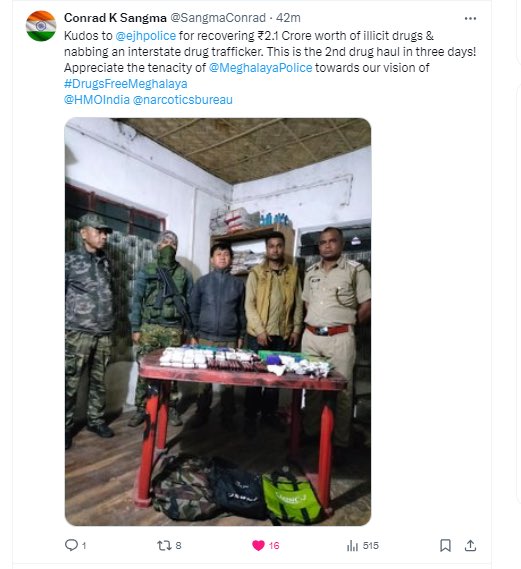 MeghalayaPolice's tweet photo. Incredible work by @ejhpolice for seizing ₹2.1 Crore worth of illicit drugs. This marks their second successful drug bust in just three days!
Dear Sir @SangmaConrad , your unwavering support fuels our determination in creating a safer Meghalaya. Thank you. https://t.co/4ITluyvg4d